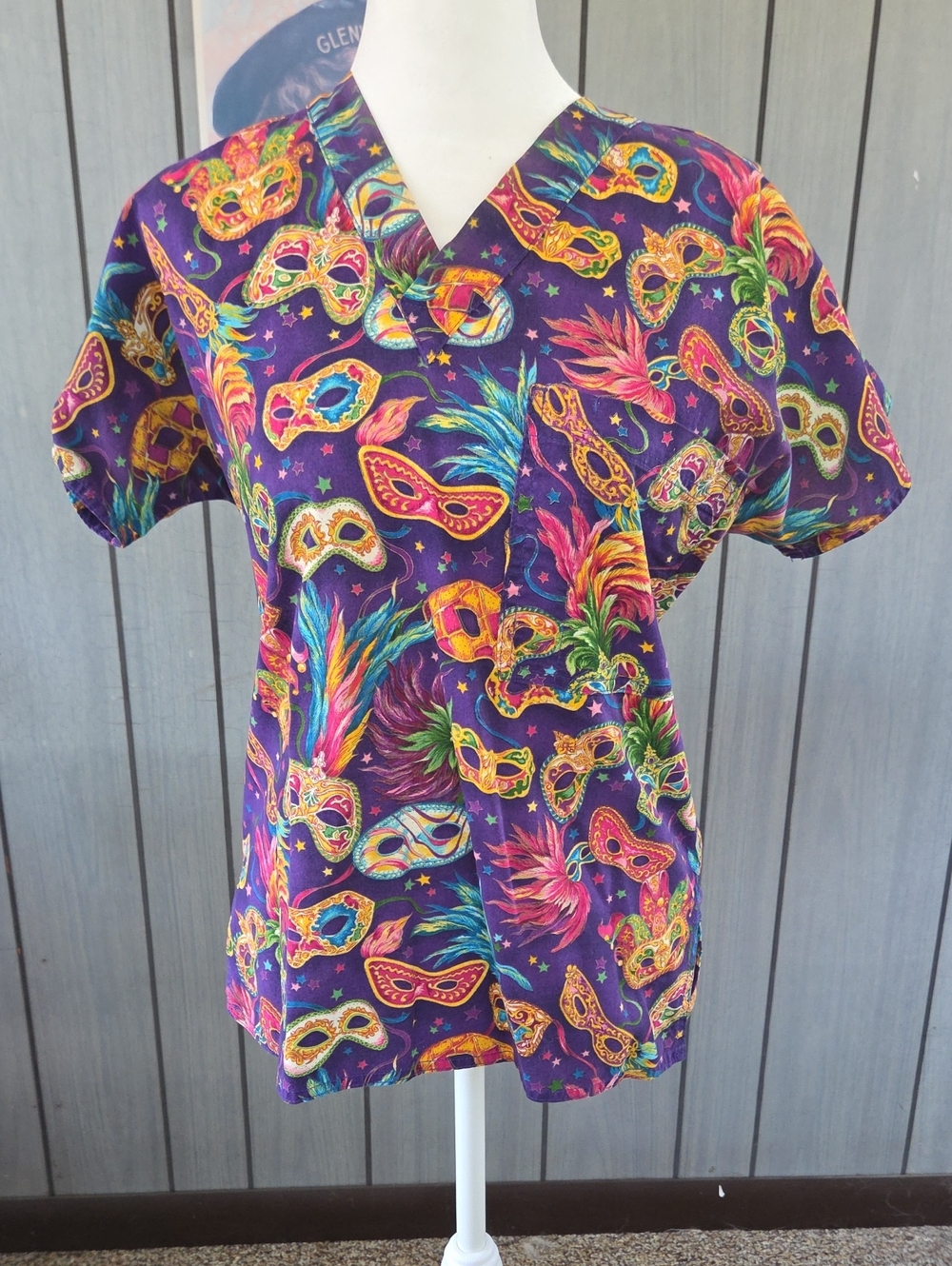 Smart Scrubs Purple Mardi Gras Mask Print Scrub Top